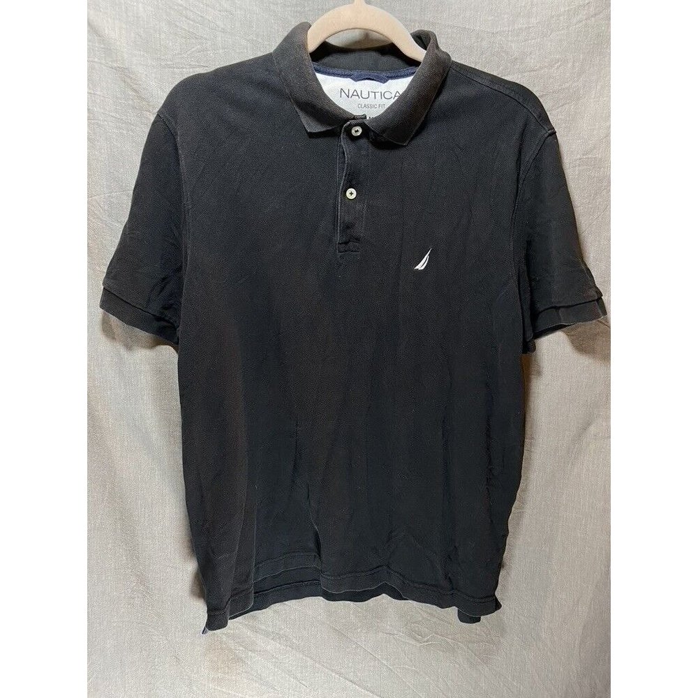 Nautica Classic Fit Polo Shirt Adult Medium Black Button Golfer Mens‎